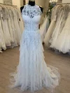 A-line High Neck Tulle Sweep Train Wedding Dress With Ruffles #Milly00028777