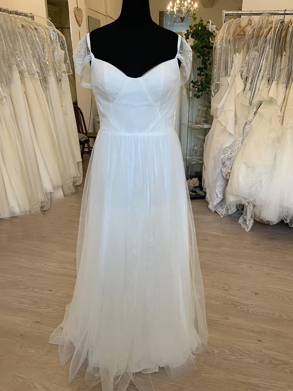 A-line Sweetheart Lace Tulle Sweep Train Wedding Dress With Ruched #Milly00028778