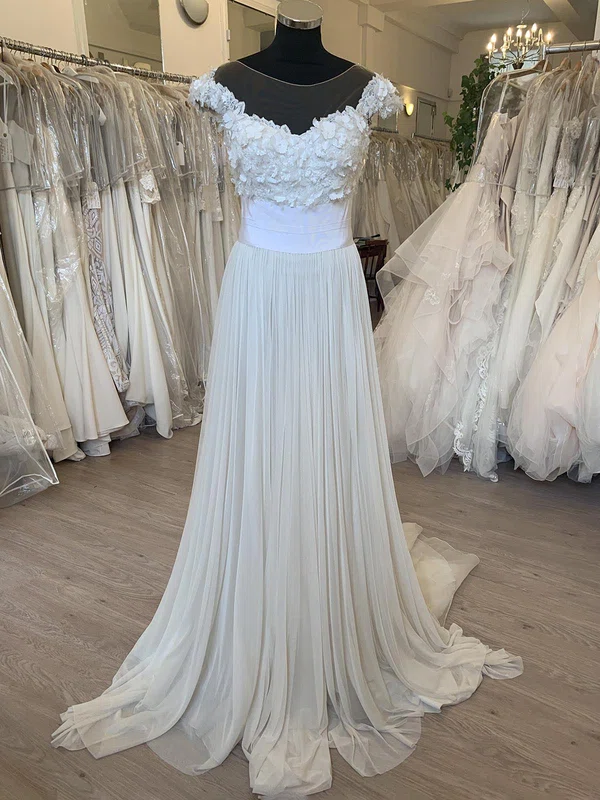 A-line Illusion Tulle Sweep Train Wedding Dress With Ruched #Milly00028779