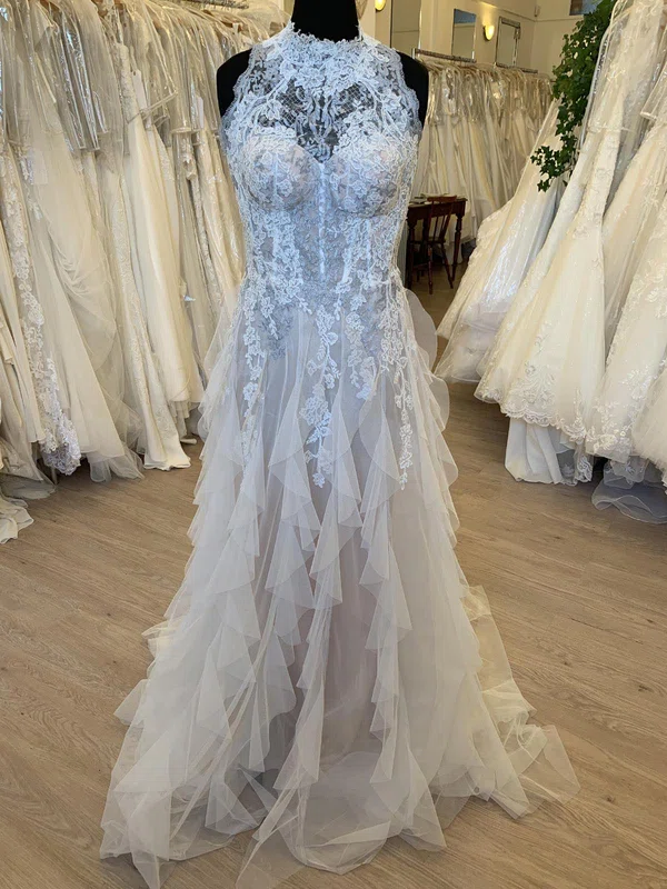 Ball Gown/Princess High Neck Tulle Sweep Train Wedding Dress With Cascading Ruffles #Milly00028780
