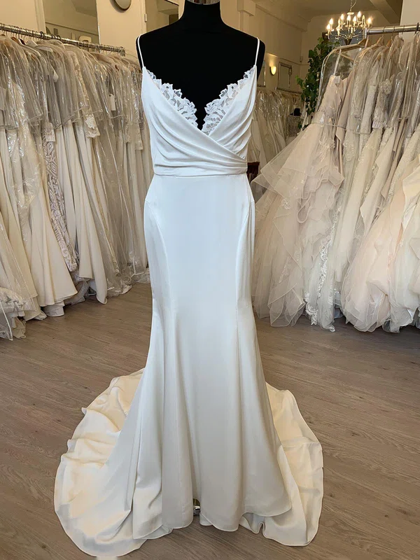 Sheath/Column V-neck Satin Sweep Train Wedding Dress With Ruched #Milly00028781