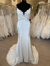 Sheath/Column V-neck Satin Sweep Train Wedding Dress With Ruched #Milly00028781