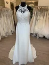 Sheath/Column High Neck Satin Chiffon Sweep Train Wedding Dress With Appliques Lace #Milly00028783