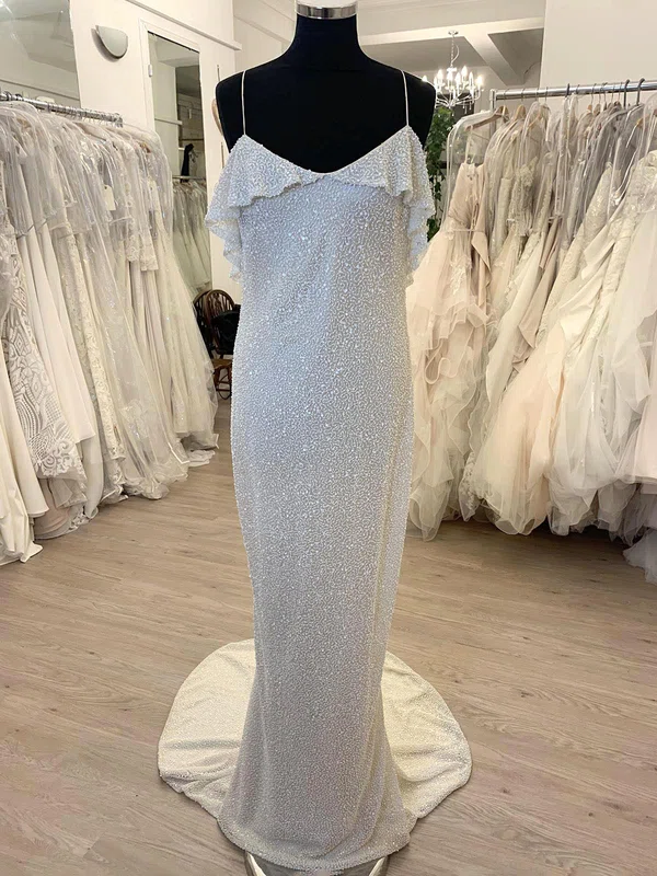 Sheath/Column V-neck Glitter Sweep Train Wedding Dress With Ruffles #Milly00028786