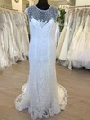 Sheath/Column Illusion Lace Tulle Sweep Train Wedding Dress With Pearl Detailing #Milly00028787