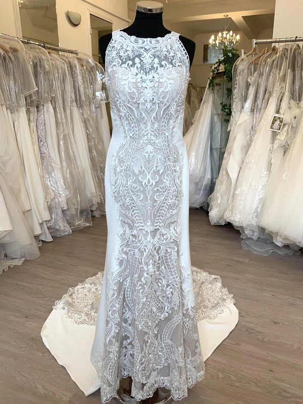 Sheath/Column Illusion Lace Stretch Crepe Sweep Train Wedding Dress With Appliques Lace #Milly00028788