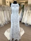 Sheath/Column Illusion Lace Stretch Crepe Sweep Train Wedding Dress With Appliques Lace #Milly00028788