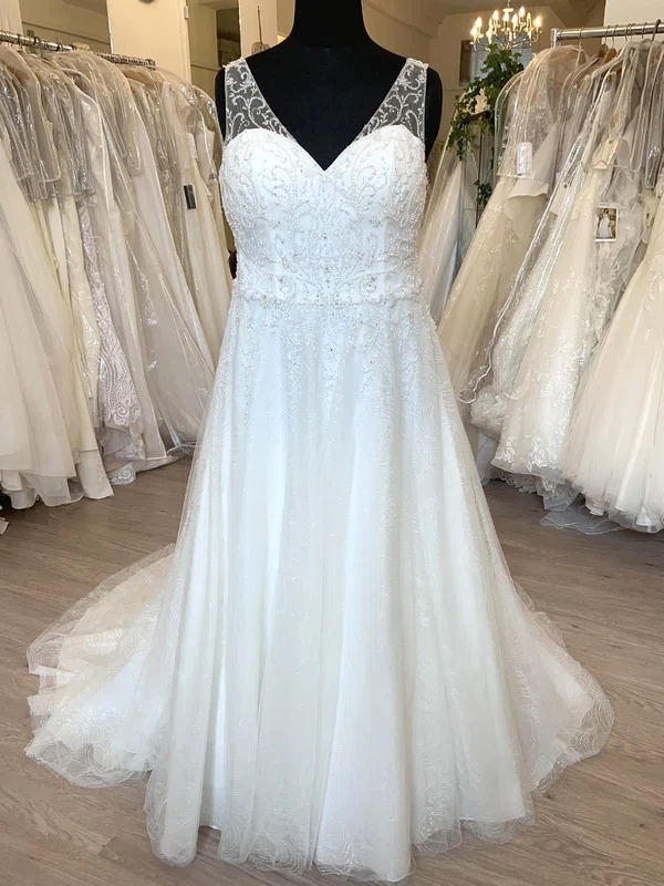 A-line V-neck Glitter Lace Sweep Train Wedding Dress With Beading #Milly00028789