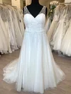 A-line V-neck Glitter Lace Sweep Train Wedding Dress With Beading #Milly00028789