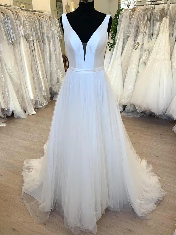 Ball Gown/Princess V-neck Tulle Sweep Train Wedding Dress With Ruched #Milly00028790