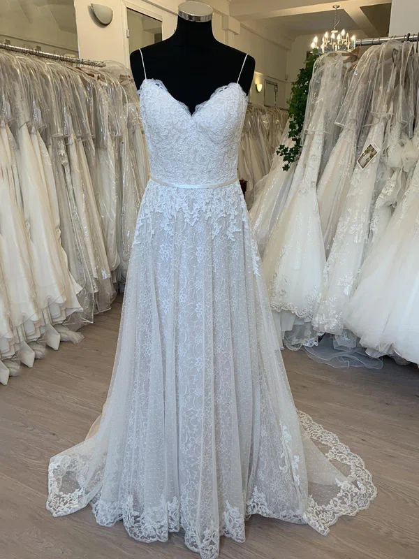 A-line Sweetheart Lace Tulle Sweep Train Wedding Dress With Appliques Lace #Milly00028792