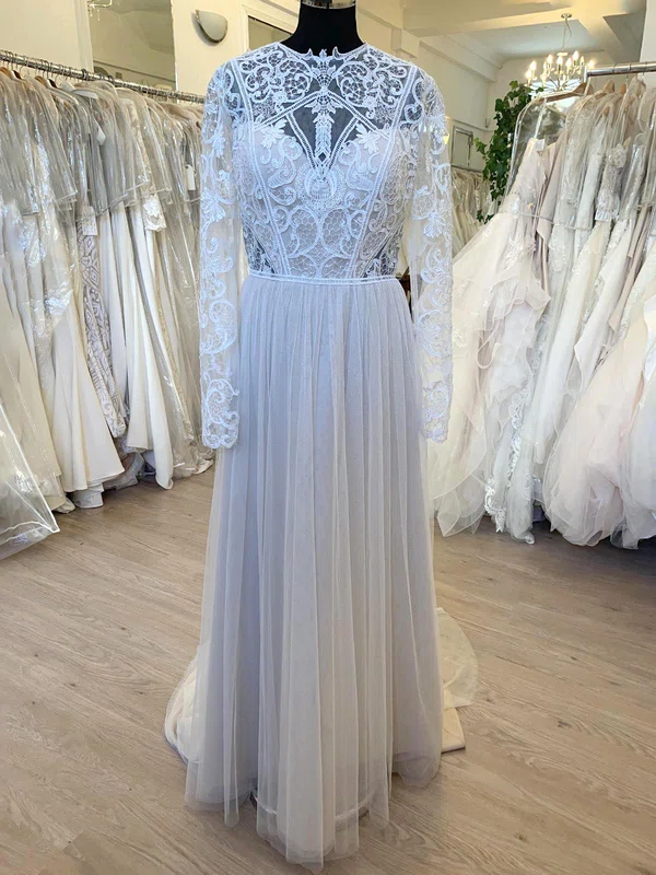 A-line Illusion Tulle Sweep Train Wedding Dress With Appliques Lace #Milly00028793