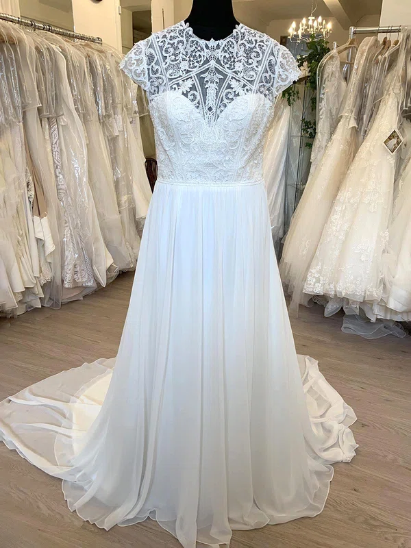 A-line Illusion Chiffon Sweep Train Wedding Dress With Appliques Lace #Milly00028794