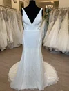 Sheath/Column V-neck Lace Sweep Train Wedding Dress #Milly00028795
