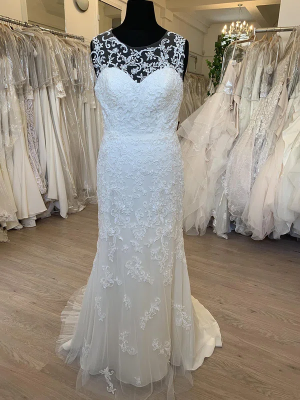 Sheath/Column Illusion Tulle Sweep Train Wedding Dress With Appliques Lace #Milly00028797