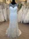 Sheath/Column Illusion Tulle Sweep Train Wedding Dress With Appliques Lace #Milly00028797