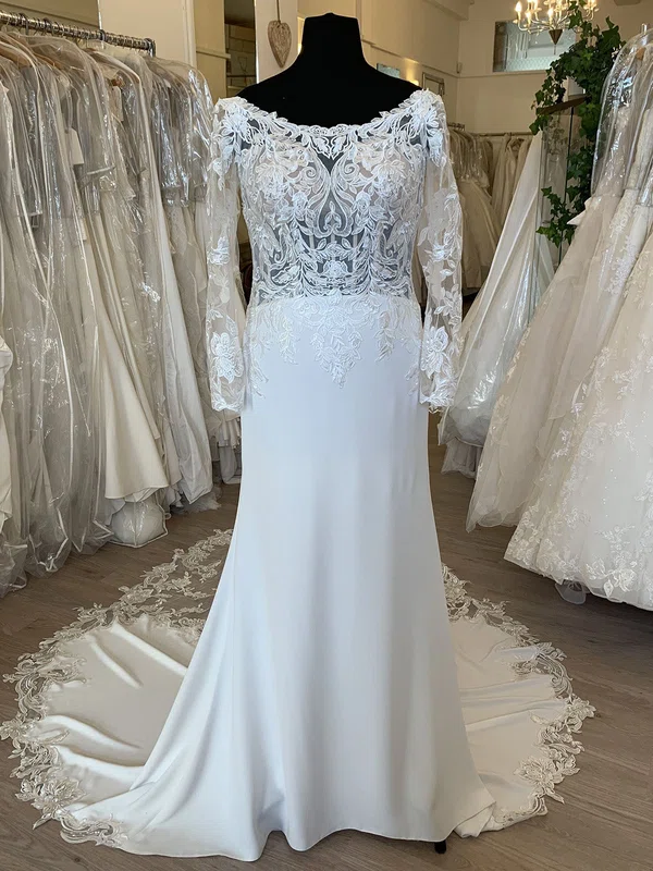Sheath/Column Illusion Stretch Crepe Sweep Train Wedding Dress With Appliques Lace #Milly00028798