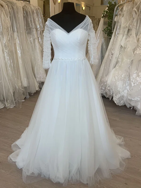 Ball Gown/Princess V-neck Tulle Sweep Train Wedding Dress With Ruffles #Milly00028799