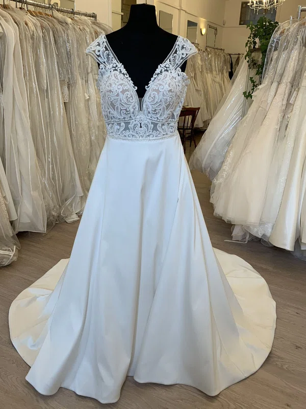 A-line V-neck Satin Sweep Train Wedding Dress With Appliques Lace #Milly00028800