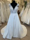 A-line V-neck Satin Sweep Train Wedding Dress With Appliques Lace #Milly00028800