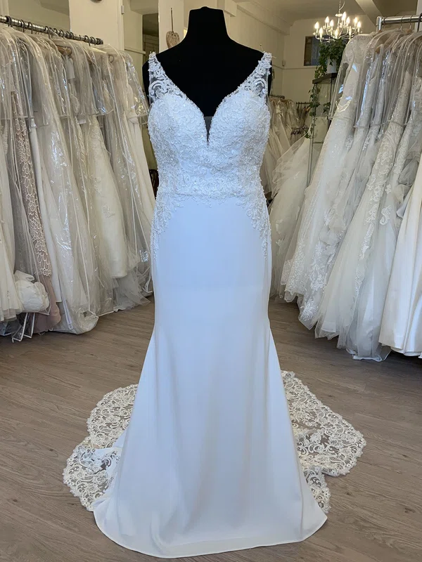 Sheath/Column V-neck Chiffon Sweep Train Wedding Dress With Pearl Detailing #Milly00028801