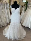 Trumpet/Mermaid Sweetheart Tulle Lace Sweep Train Wedding Dress With Appliques Lace #Milly00028803
