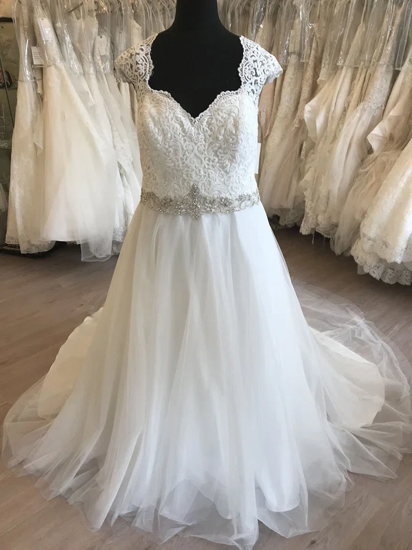Ball Gown/Princess V-neck Tulle Lace Sweep Train Wedding Dress With Beading #Milly00028804