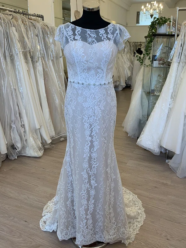 Sheath/Column Illusion Lace Sweep Train Wedding Dress With Pearl Detailing #Milly00028808