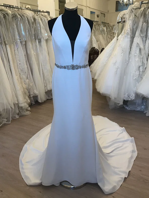 Sheath/Column V-neck Stretch Crepe Sweep Train Wedding Dress With Beading #Milly00028809