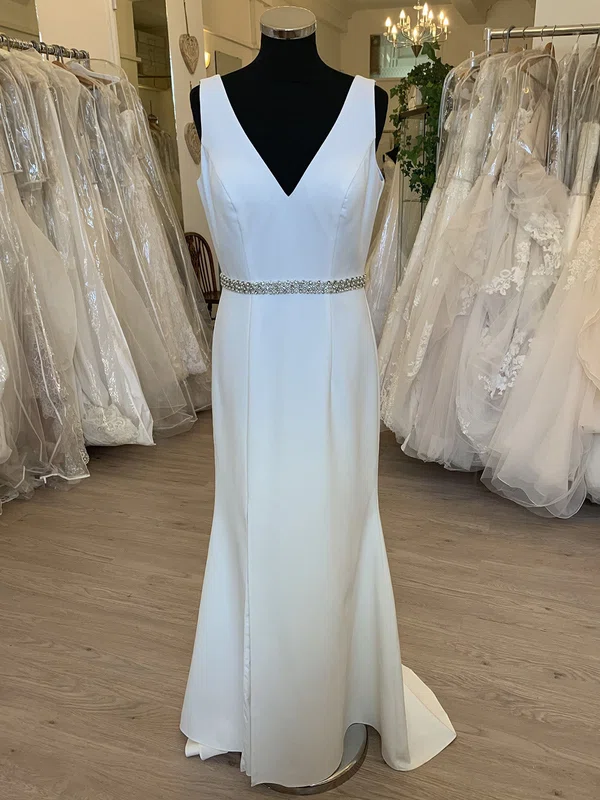 Sheath/Column V-neck Stretch Crepe Sweep Train Wedding Dress With Beading #Milly00028811