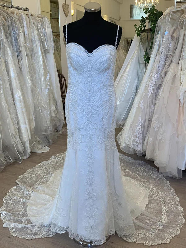 Sheath/Column Sweetheart Glitter Tulle Court Train Wedding Dress With Pearl Detailing #Milly00028814