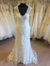 Sheath/Column V-neck Lace Tulle Sweep Train Wedding Dress With Appliques Lace #Milly00028815