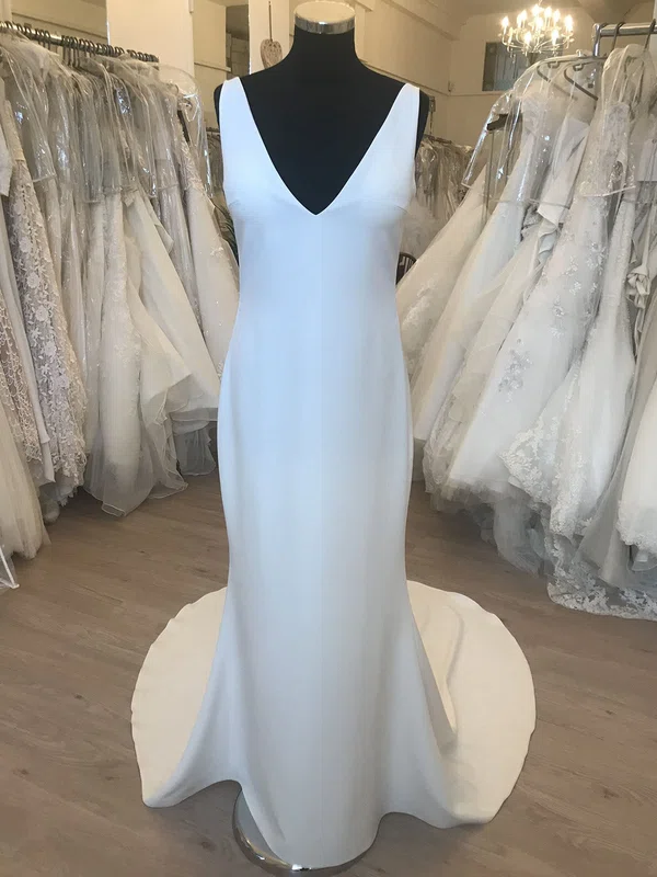 Sheath/Column V-neck Stretch Crepe Sweep Train Wedding Dress #Milly00028817