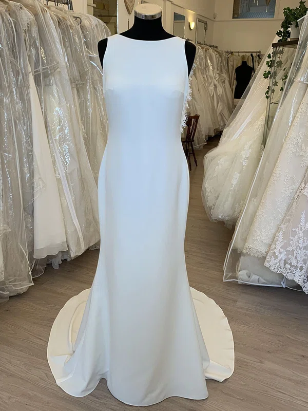 Sheath/Column Scoop Neck Stretch Crepe Sweep Train Wedding Dress With Lace #Milly00028819