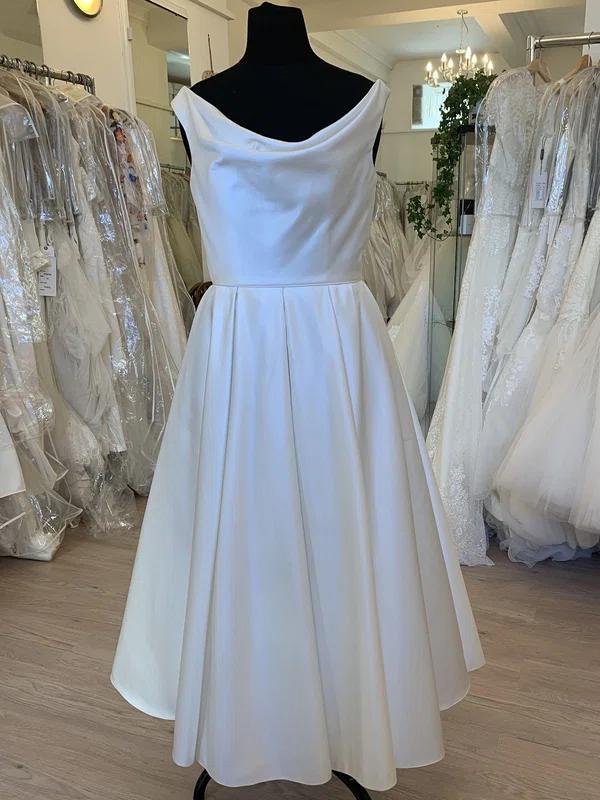 Ball Gown/Princess Cowl Neck Satin Tea-length Wedding Dress With Ruched #Milly00028820