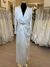 Sheath/Column V-neck Satin Tea-length Wedding Dress With Ruched #Milly00028822
