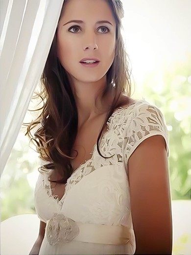 Sheath/Column Ivory V-neck Tulle Lace Cap Straps Open Back Unusual Wedding Dress #02016957