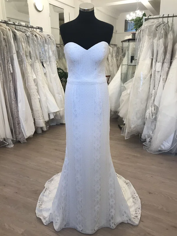 Sheath/Column Sweetheart Lace Sweep Train Wedding Dress #Milly00028825