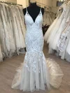 Trumpet/Mermaid V-neck Lace Tulle Sweep Train Wedding Dress With Appliques Lace #Milly00028827