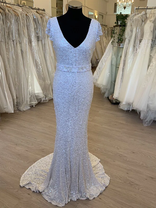 Sheath/Column V-neck Sequin Sweep Train Wedding Dress #Milly00028828