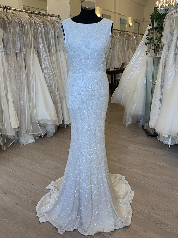 Sheath/Column Scoop Neck Sequin Sweep Train Wedding Dress #Milly00028829