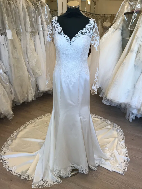 Trumpet/Mermaid V-neck Satin Court Train Wedding Dress With Appliques Lace #Milly00028830