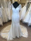 Trumpet/Mermaid V-neck Satin Court Train Wedding Dress With Appliques Lace #Milly00028830
