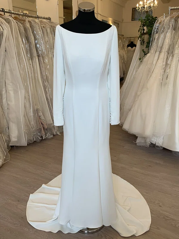 Sheath/Column Scoop Neck Stretch Crepe Sweep Train Wedding Dress With Beading #Milly00028833