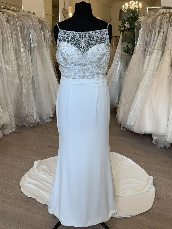 Sheath/Column Illusion Stretch Crepe Sweep Train Wedding Dress With Pearl Detailing #Milly00028834