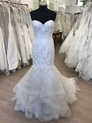 Trumpet/Mermaid Sweetheart Tulle Lace Sweep Train Wedding Dress With Cascading Ruffles #Milly00028837