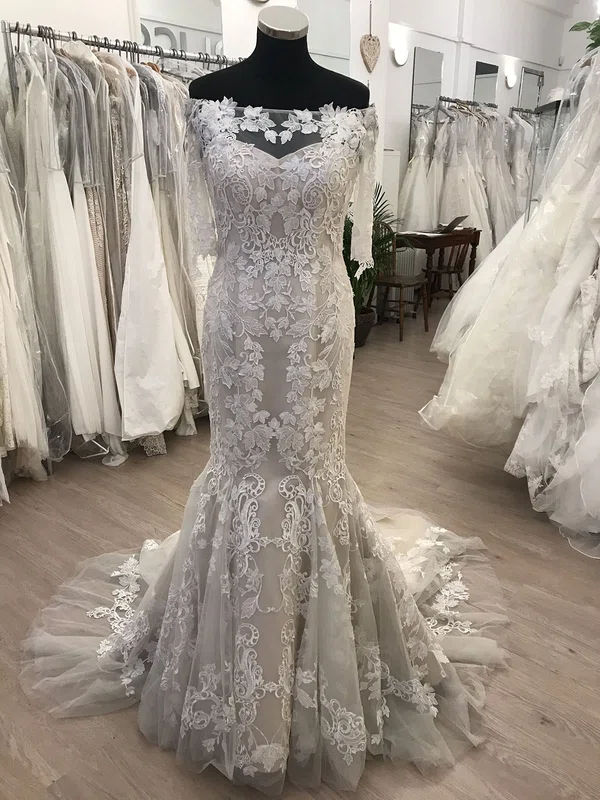 Trumpet/Mermaid Off-the-shoulder Tulle Sweep Train Wedding Dress With Appliques Lace #Milly00028838