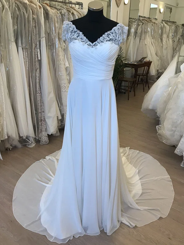 A-line V-neck Chiffon Sweep Train Wedding Dress With Beading #Milly00028839