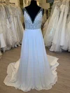 A-line V-neck Chiffon Sweep Train Wedding Dress With Beading #Milly00028841