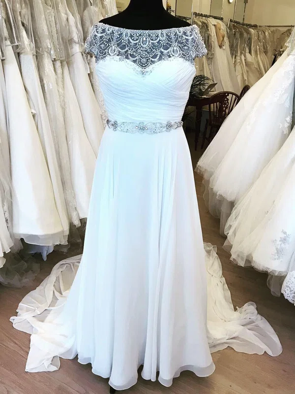 A-line Illusion Chiffon Sweep Train Wedding Dress With Ruched #Milly00028842